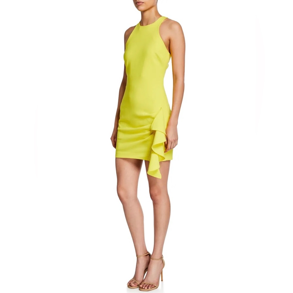 CINQ A SEPT Makayla Side Ruffle Mini Dress in Neon Yellow Sheath Dress - Size 4